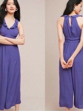 Maeve Navy Blue Polka Dot V-Neck wide leg jumpsuit